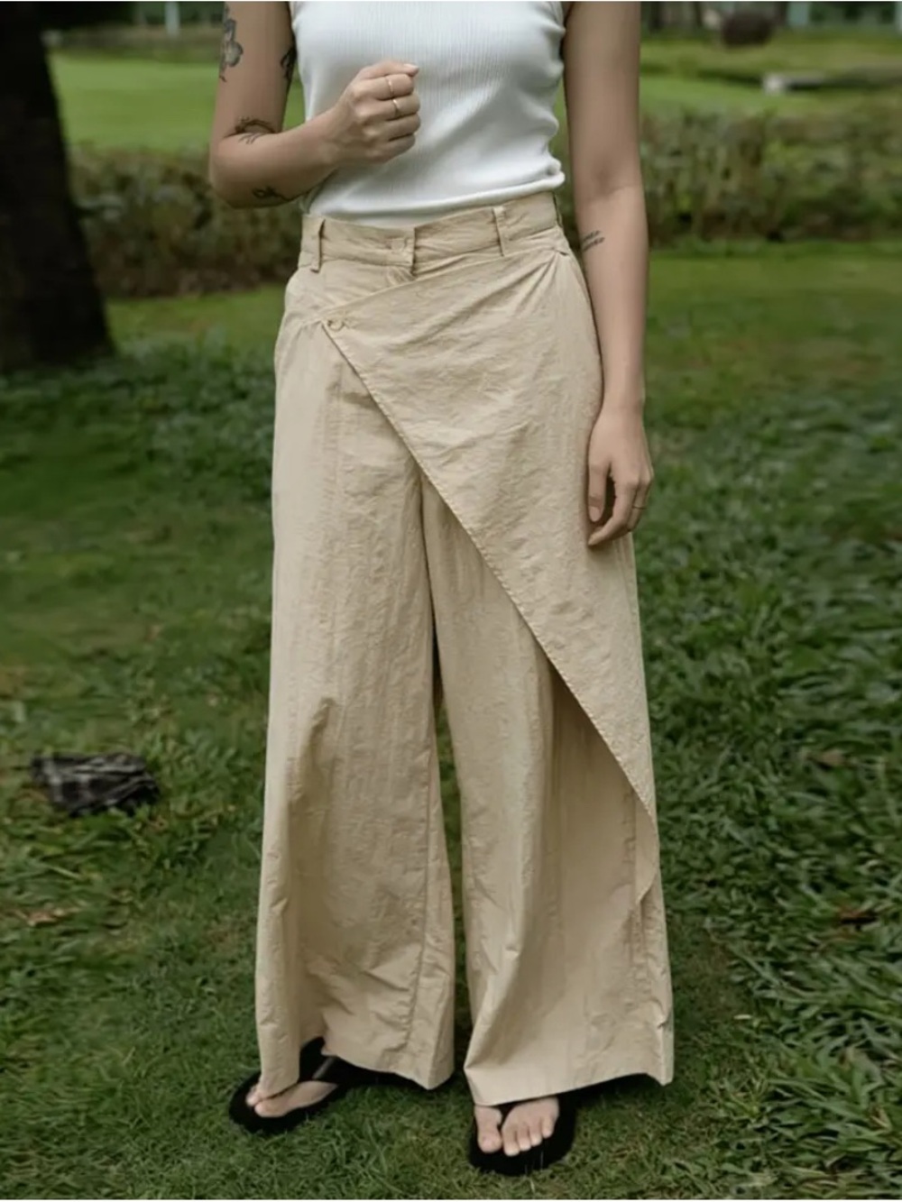Beige Wrap-Front Wide Leg Pants
